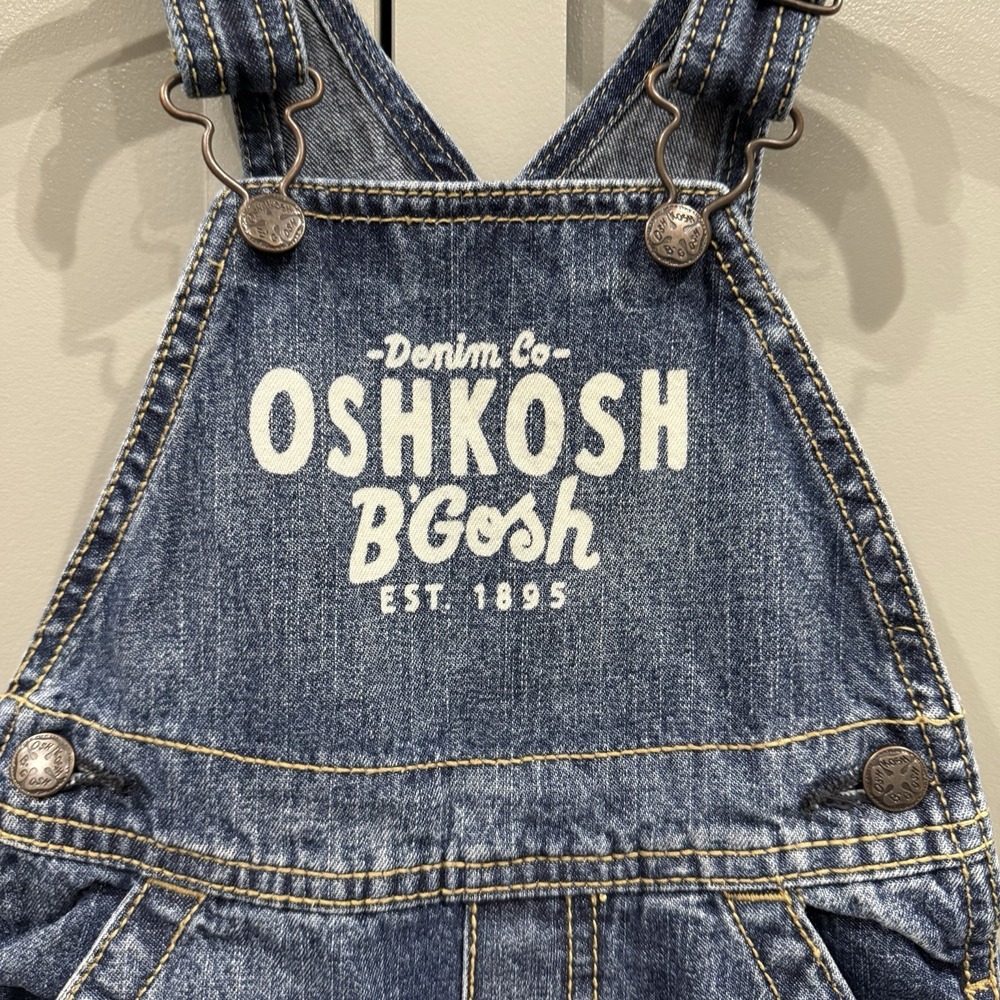 OshKosh B'Gosh Denim Overalls Baby Toddler 12 Mos Spell Out Classic Bib VestBak